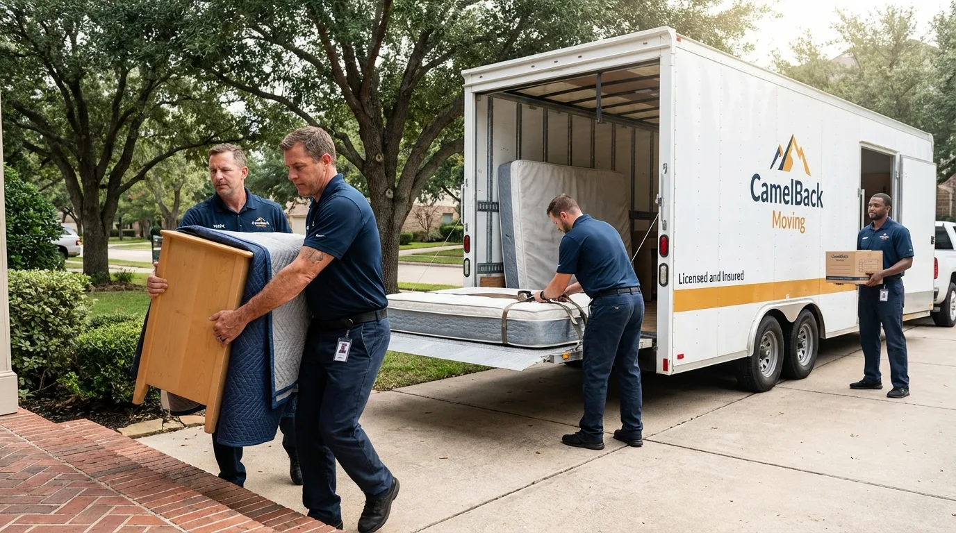 Crew loading residential truck for cross-state move from Belle Plaine, KS