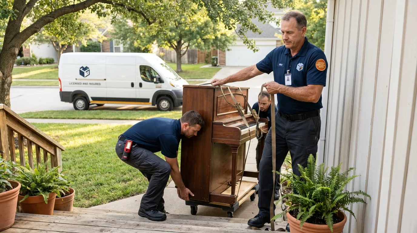 Licensed piano movers securing grand piano in Belle Plaine, KS