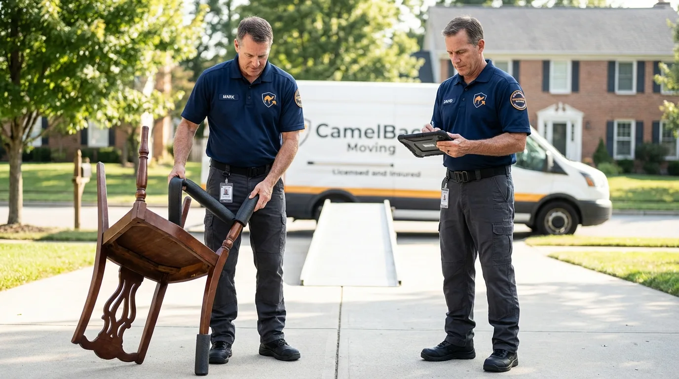 Movers inspecting furniture for damage prevention before loading in Belle Plaine, KS