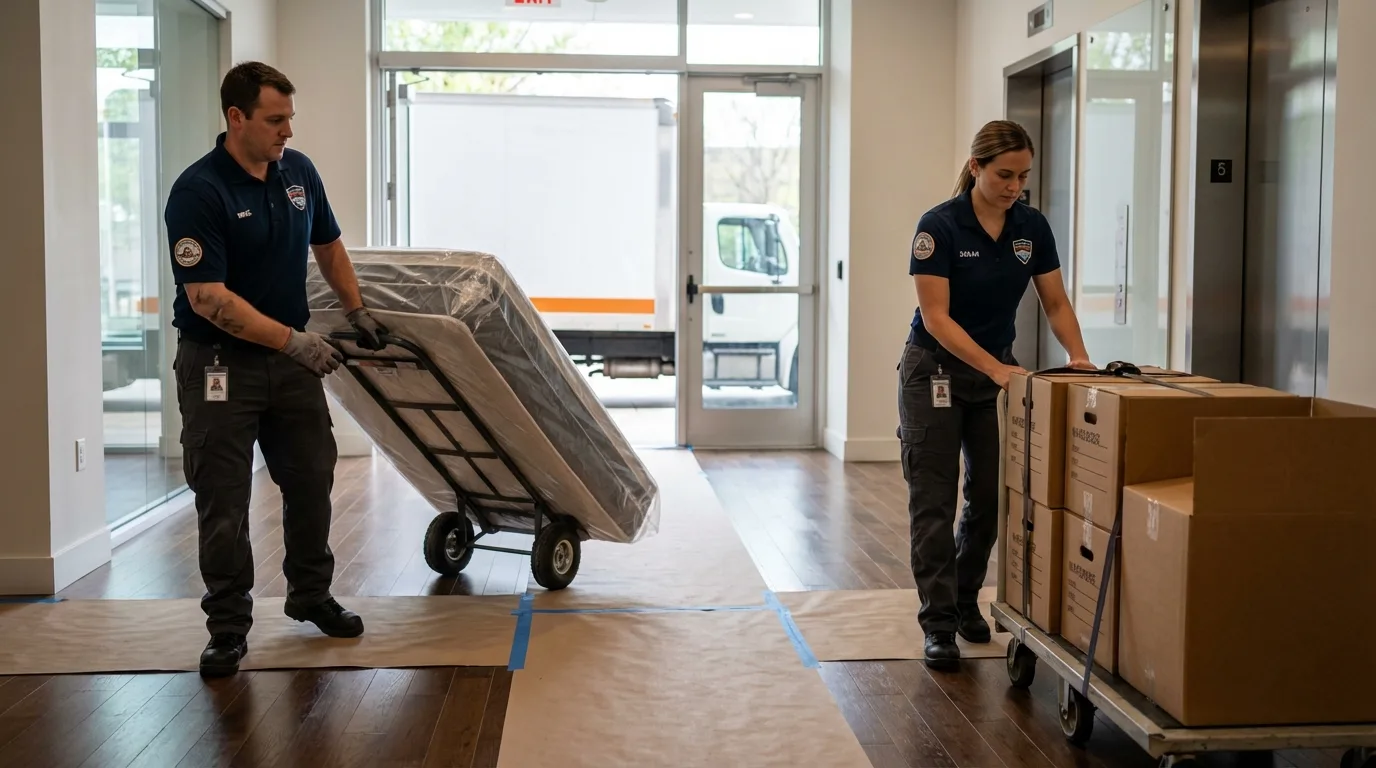 Professional apartment movers loading elevator in Belle Plaine, KS