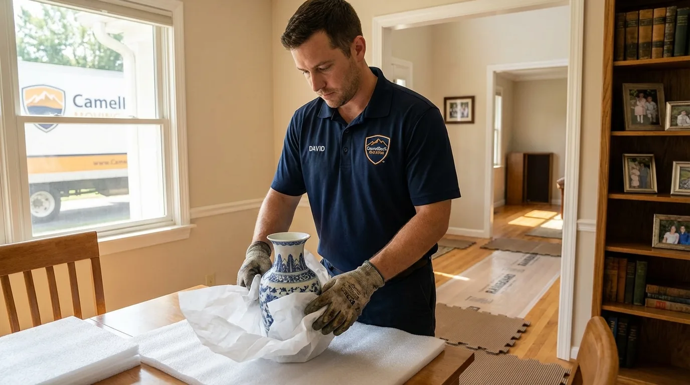 Professional crew carefully wrapping antique vase for senior downsizing move in Belle Plaine, KS